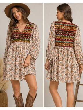 Umgee USA L Boho Mini Dress Mixed Print Aztec Floral Empire Waist 3/4 Sleeve